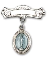Sterling Silver Baby Badge with Blue Miraculous Charm and Arched Polished Badge Pin