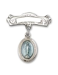Sterling Silver Baby Badge with Blue Miraculous Charm and Arched Polished Badge Pin