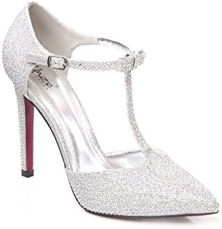 Unze Trin' Ladies Womens Dazzling T Strap Evening Shoes with Slim Stiletto Heel, Covered Heel, Buckle Closure and Cute Bow at Front - Best Christmas Gift - 2K26188-27