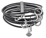 Harley-Davidson® Women's Multiple Braided Leather Charm Bangle Silver Bracelet HDB0193