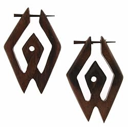 BACAN - Organic Hand Carved Sono Wood Earrings with Wood Post - From Indonesia - Sold as a Pair - 30mm x46mm