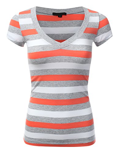 JJ Perfection Women's Casual Striped Short Sleeve V-Neck T-Shirt