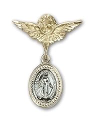 Gold Filled Baby Badge with Blue Miraculous Charm and Angel with Wings Badge Pin