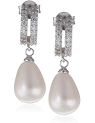 Sterling Silver Cubic Zirconia and White Freshwater Cultured Pearl Drop Earrings (8-8.5mm)