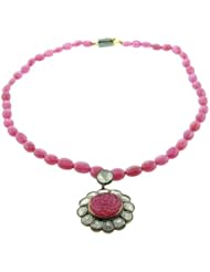 14kt Gold Rose Cut Diamond Ruby Beads Pendant Necklace Victorian Style Jewelry