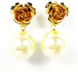 Gorgeous 18k GOLD LAYERED Rose and Pearl Dangle Earrings