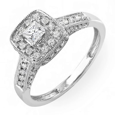 14k White Gold Princess Diamond Ladies Engagement Bridal Ring (0.85 cttw, G-H Color, I1-I2 Clarity)