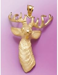 Gold Animal Charm Pendant 3-D Deer Head W Antlers Textured