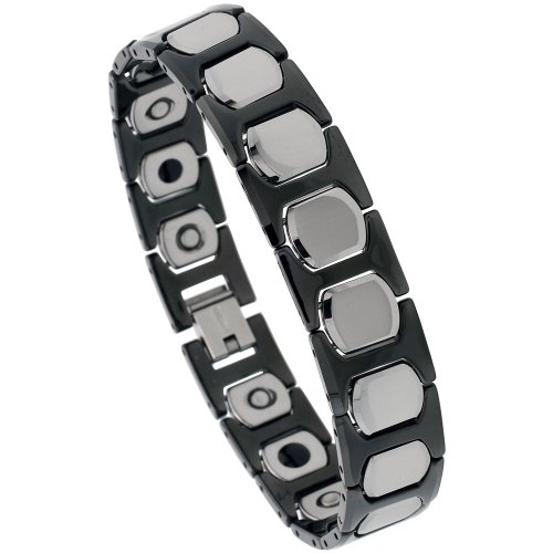 8 in. Tungsten Carbide & Ceramic 2-Tone (Black & Gun Metal) H & Cushion Link Magnetic Bracelet, 1/2 in. (13mm) wide
