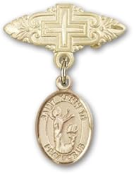 14K Gold Baby Badge with St. Kenneth Charm and Badge Pin with Cross