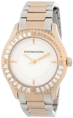 BCBGMAXAZRIA Women’s BG8268 VIP Glam Classic Round Case Baguette Stone Rose Gold Bezel 3-Hand Analog Two-Tone Stainless Steel Bracelet Watch