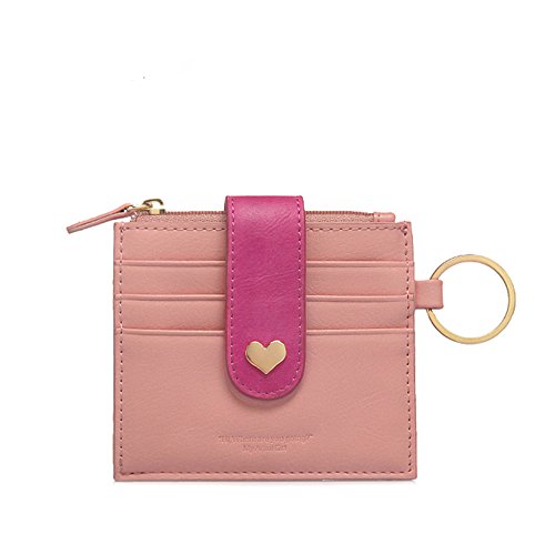 Ogem Womens and Girls Leather Peach Heart Thin and Fashion Card Wallet Useful Credit Card Wallets Small Compact Purse with Key Chain and Zipper