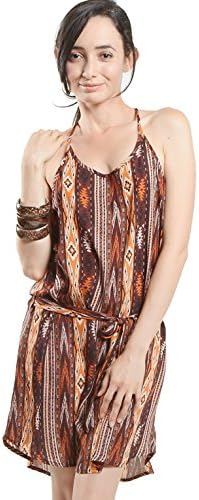Amangny Women's Racer Back Tribal Pattern Dress Medium Brown