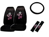 5-Piece Red and Pink Hearts Auto Interior Gift Set- A Set of 2 Universal Fit Seat Covers, 1 Steering Wheel Cover, and 2 Shoulder Pads