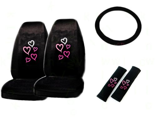 5-Piece Red and Pink Hearts Auto Interior Gift Set- A Set of 2 Universal Fit Seat Covers, 1 Steering Wheel Cover, and 2 Shoulder Pads