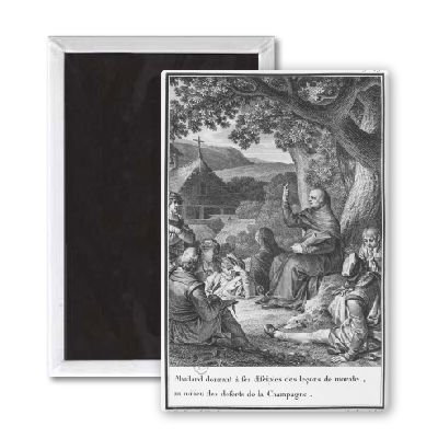 Abelard lecturing among disciples in the deserted Champagne, illustration from 'Lettres d'Heloise et D'Abelard', volume I, page 49, engraved by Jean Dambrun (1741-after 1808) 1795 (engraving) (b/w photo) by Jean Michel the Younger Moreau - 3x2 inch Fridge Magnet - large magnetic button - Magnet - inches