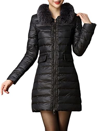 HDA Women's Winter Warm Slim Fox Fur Zipper Trench Midi Down Coat Jackets L Black