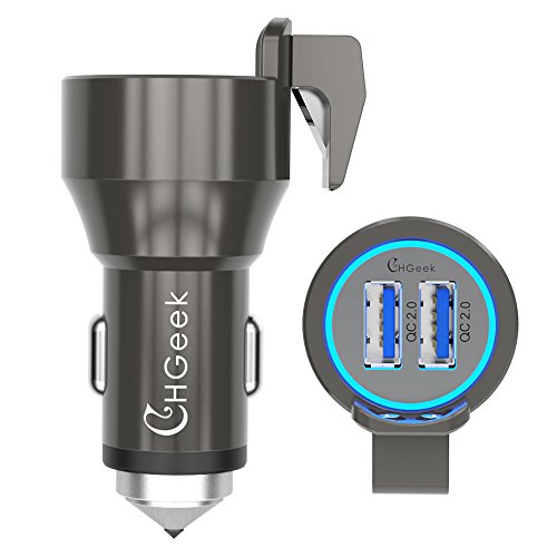Car Charger, CHGeek 36W 4.8A Rapid Dual USB Car Charger 3 in 1 Metal Car Power Adapter with Emergency Escape Hammer Cutter for iPhone 7 6S 6 Plus 5S, Samsung Galaxy,LG G5,HTC,Nexus 5X 6P,iPad -Gray