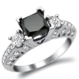 2.25ct Black Princess Cut 3 Stone Diamond Engagement Ring 18k White Gold