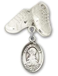 Sterling Silver Baby Badge with St. Bridget of Sweden Charm and Baby Boots Pin
