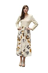 Floral Print Cotton/Linen Round Neck Long Sleeves  Dress