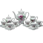 17-Piece Espresso Coffee and Tea Set for 6 with golden floral design and heart shaped rim, Three Star Majestic Bloom Modello Fine Porcelain Set