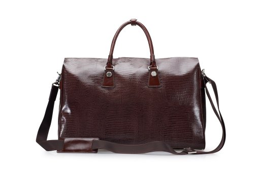 Crocodile-Patterned Chocolate Brown Leather Satchel Tote Bag, 20-inch