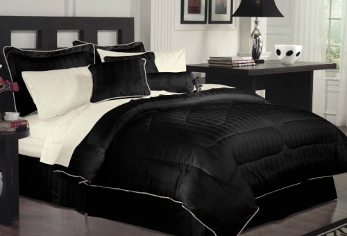 11pc Queen Bed in a Bag Black Comforter Set - Includes 600tc Striped Sheet Set