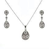 Silver Necklace Earring Set Delicate Pear Shape Pendant Diamond Pave Victorian Jewelry
