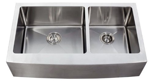 36 Inch Stainless Steel Curved Front Farm Apron 60/40 Double Bowl Kitchen Sink 15mm Radius Design - 16 Gauge
