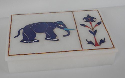 Indian White Marble Art Small Rectangular Jewelry Box for Rings - Stone Inlay Work of Elephant Design.