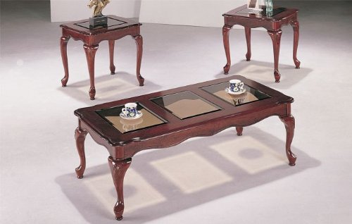 Poundex Queen Ann 3-Piece Coffee and End Table, cherry [Kitchen] # F3088