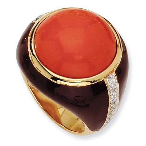 Gold-plated Sterling Silver Brn Enam Simulated Red Coral and CZ Ring - Size 6 - JewelryWeb