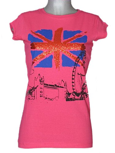 Womens Union Jack Flag T Shirts Ladies Glitter Tops Great Britain Bling T Shirts (M, Pink)