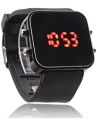 Unisex Jumbo Silicone Band Sports Square Mirror LED Wrist Watch - Black