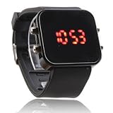 Unisex Jumbo Silicone Band Sports Square Mirror LED Wrist Watch - Black