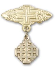 14kt Gold Baby Badge with Jerusalem Cross Charm and Badge Pin with Cross