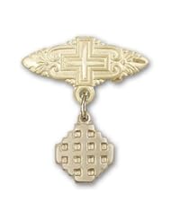 Gold Filled Baby Badge with Jerusalem Cross Charm and Badge Pin with Cross