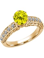 1.10 Ct Round Canary and White Diamond 14K Yellow Gold Ring