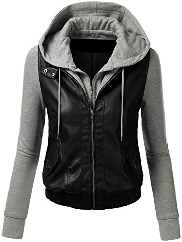 TL Womens Faux Leather Zip Up Moto Cropped Bomber Jacket With Hoodie