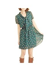 Chiffon/Cotton  Pleated Elasticized   Waistline Dots Print Short Sleeves  Dress With a Bow(s)