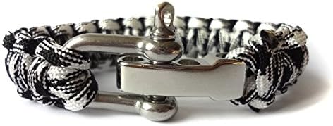 1Pc 550 Paracord Cord Bracelet Shackle Survival Bracelet 3 Hole Adjustable Steel Buckle - Black White Camo