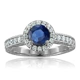 Vintage Inspired Natural Sapphire Diamond Engagement Ring in 18k White Gold Halo Ring (G, SI1, 1.07 cttw), 5mm, Certificate of Authenticity