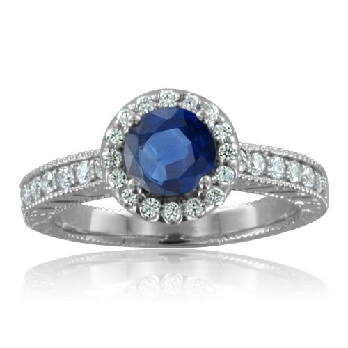 Vintage Inspired Natural Sapphire Diamond Engagement Ring in 18k White Gold Halo Ring (G, SI1, 1.07 cttw), 5mm, Certificate of Authenticity