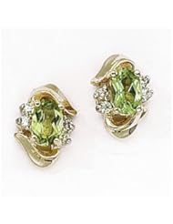 14K Yellow Gold Oval Peridot and Diamond Earrings