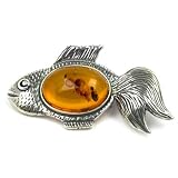 Sterling Silver Cognac Amber Fish Brooch