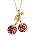 14k Gold 18" Thin Chain & 11/16" (18mm) tall Cherry Pendant, w/ Brilliant Cut Ruby Stones
