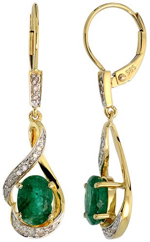 14k Gold 3/4 in. (19mm) tall Lever Back Dangle Earrings, w/ 0.13 Carat Brilliant Cut Diamonds & 2.40 Carats Oval Cut 7x5mm Emerald Stones