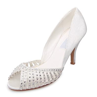 Women's Elegant Satin Upper High Heel Peep-toes With Rhinestone Wedding Bridal Shoes