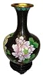 Chinese Cloisonne Copper Body Enameled Flower Vase, Black with Pink Prosperity Peony - Stand / Base Included, 8"h